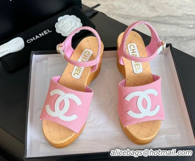 Top Grade Chanel Wedge Fabric Sandals 10cm G45555 Pink 424126