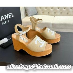 Purchase Chanel Wedge Fabric Sandals 10cm G45555 Beige 424127