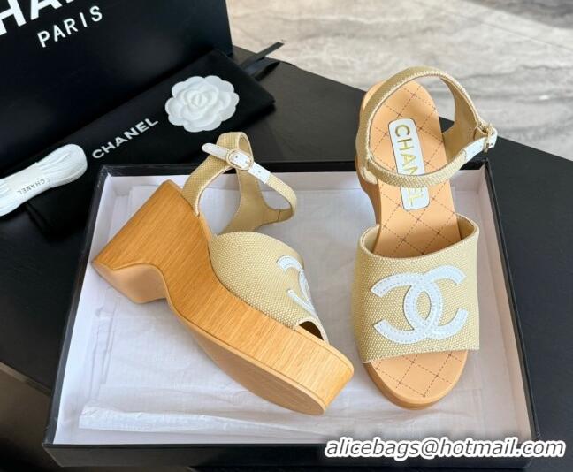 Purchase Chanel Wedge Fabric Sandals 10cm G45555 Beige 424127