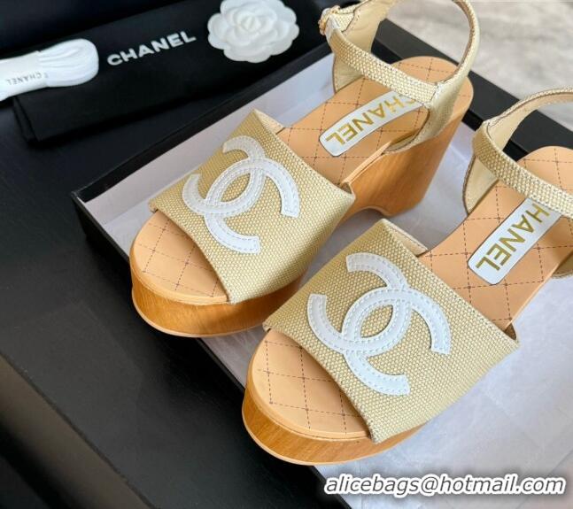 Purchase Chanel Wedge Fabric Sandals 10cm G45555 Beige 424127