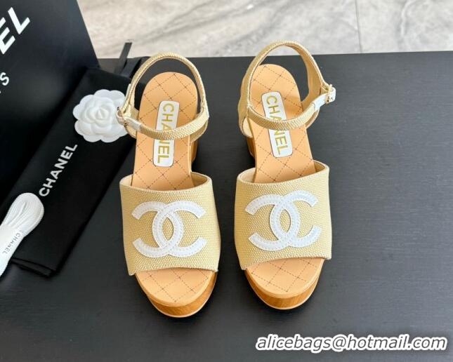 Purchase Chanel Wedge Fabric Sandals 10cm G45555 Beige 424127