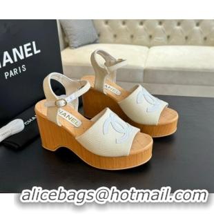 Good Quality Chanel Wedge Fabric Sandals 10cm G45555 White 424128