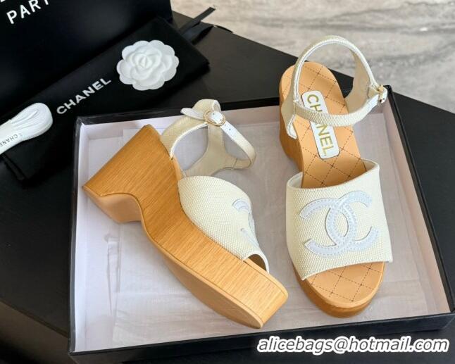 Good Quality Chanel Wedge Fabric Sandals 10cm G45555 White 424128