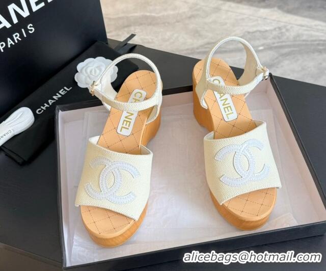 Good Quality Chanel Wedge Fabric Sandals 10cm G45555 White 424128