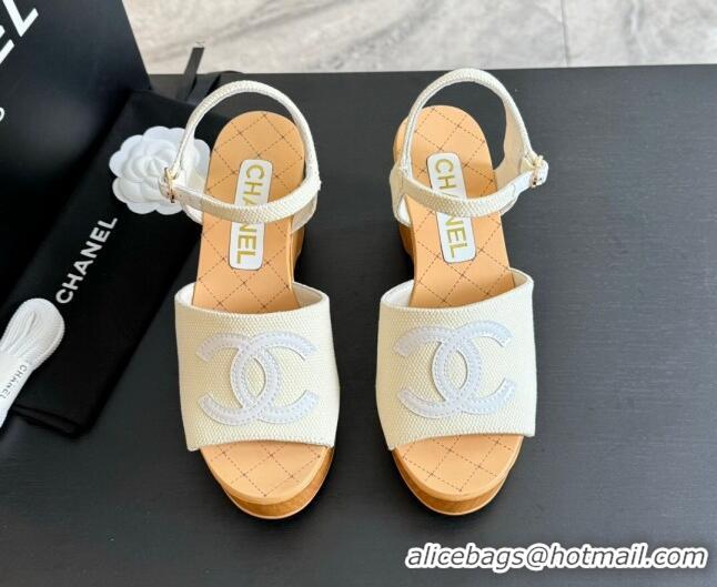 Good Quality Chanel Wedge Fabric Sandals 10cm G45555 White 424128