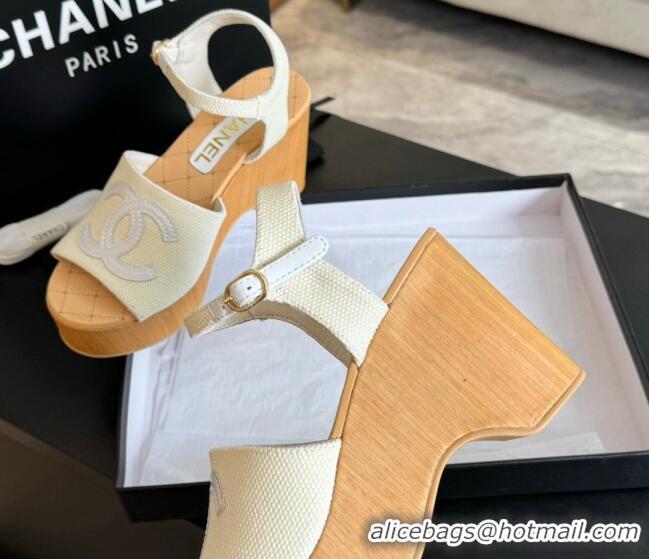 Good Quality Chanel Wedge Fabric Sandals 10cm G45555 White 424128