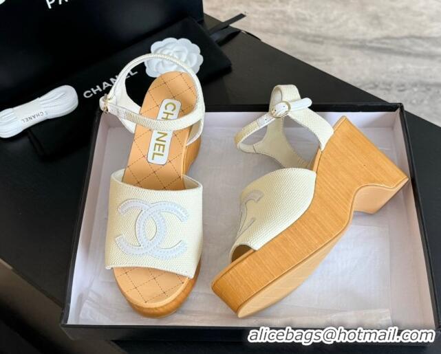 Good Quality Chanel Wedge Fabric Sandals 10cm G45555 White 424128