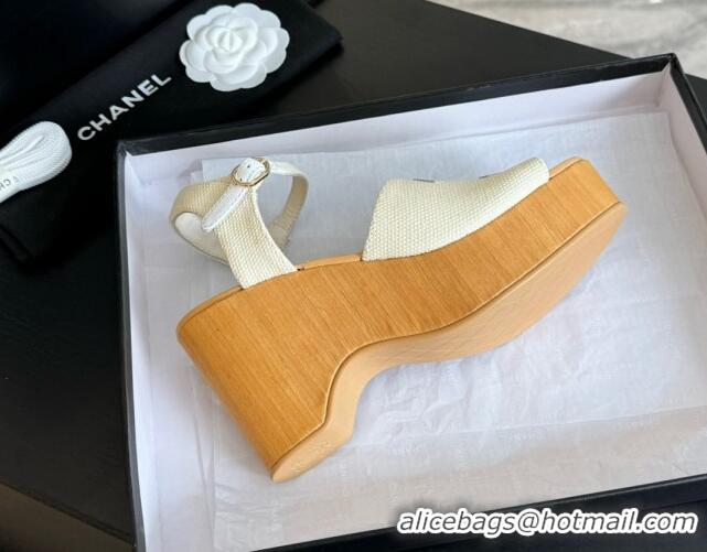 Good Quality Chanel Wedge Fabric Sandals 10cm G45555 White 424128