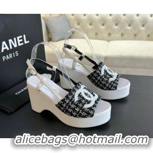 Low Cost Chanel Tweed Wedge Sandals 10cm Black 424131