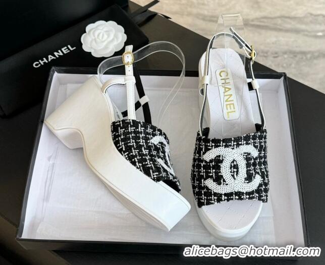 Low Cost Chanel Tweed Wedge Sandals 10cm Black 424131