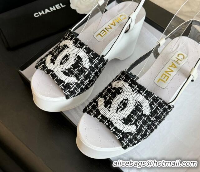 Low Cost Chanel Tweed Wedge Sandals 10cm Black 424131