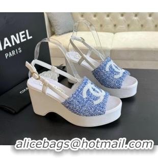 Durable Chanel Tweed Wedge Sandals 10cm Blue 424132 