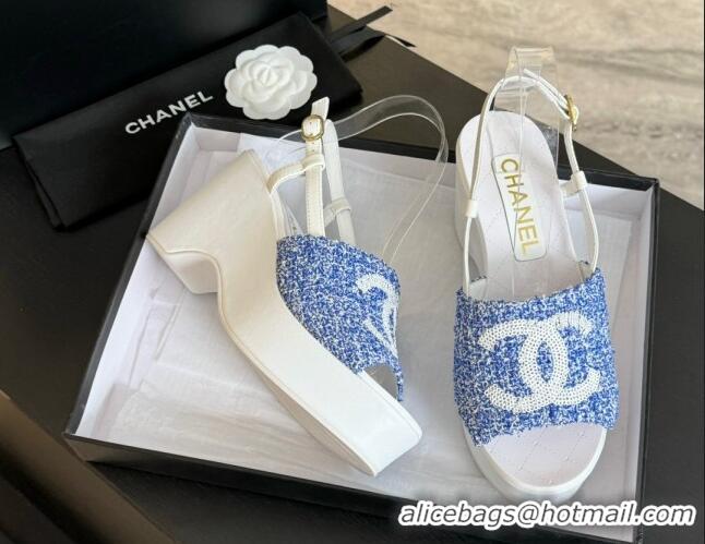 Durable Chanel Tweed Wedge Sandals 10cm Blue 424132 