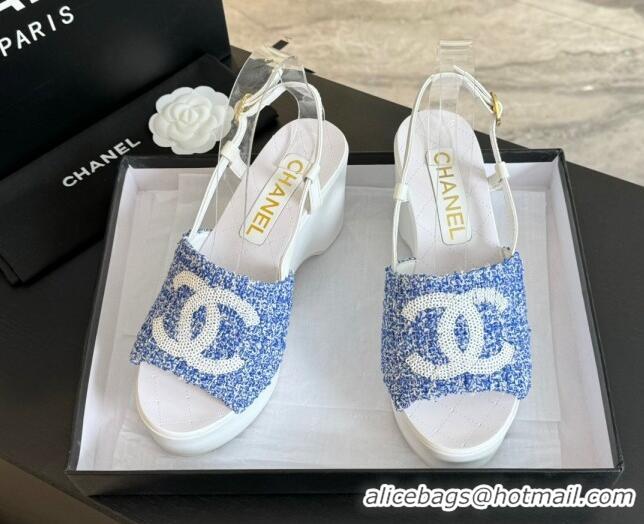 Durable Chanel Tweed Wedge Sandals 10cm Blue 424132 