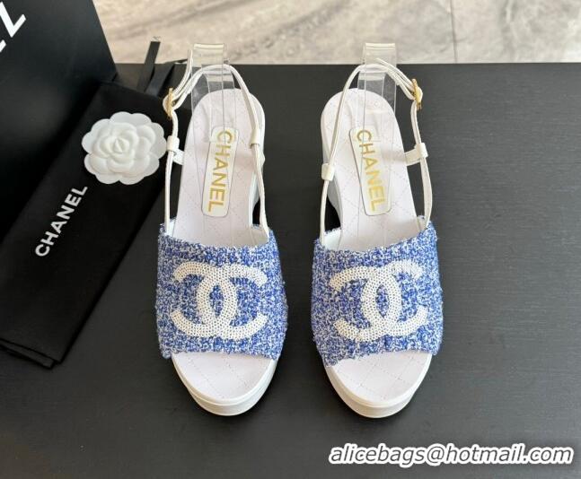 Durable Chanel Tweed Wedge Sandals 10cm Blue 424132 