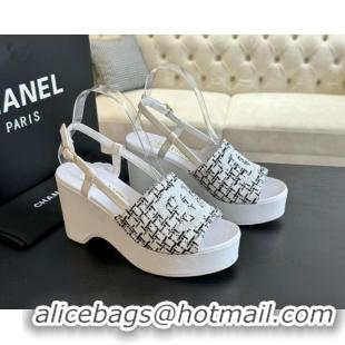 Top Design Chanel Tweed Wedge Sandals 10cm White 424129