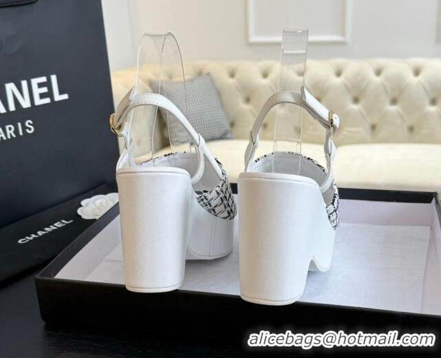 Top Design Chanel Tweed Wedge Sandals 10cm White 424129