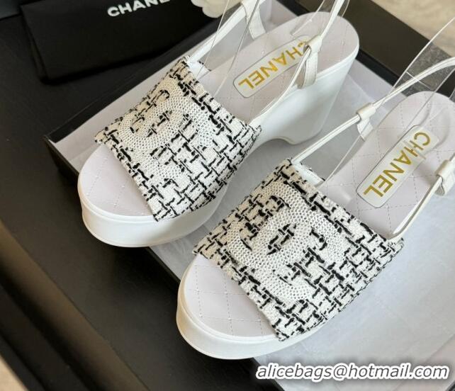 Top Design Chanel Tweed Wedge Sandals 10cm White 424129