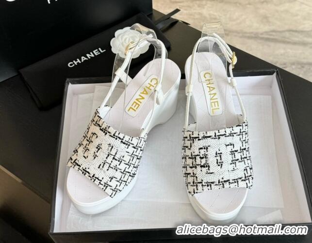 Top Design Chanel Tweed Wedge Sandals 10cm White 424129