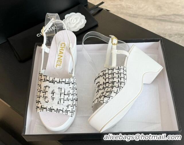 Top Design Chanel Tweed Wedge Sandals 10cm White 424129