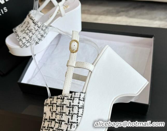 Top Design Chanel Tweed Wedge Sandals 10cm White 424129