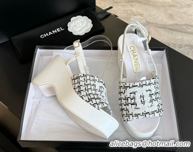 Top Design Chanel Tweed Wedge Sandals 10cm White 424129