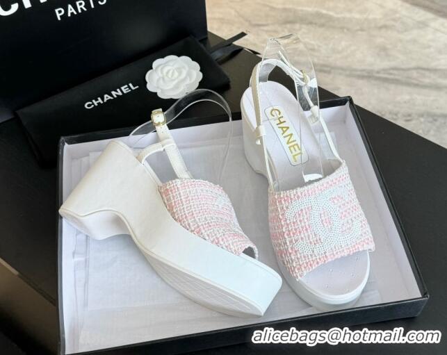 Lowest Price Chanel Tweed Wedge Sandals 10cm Pink 424130