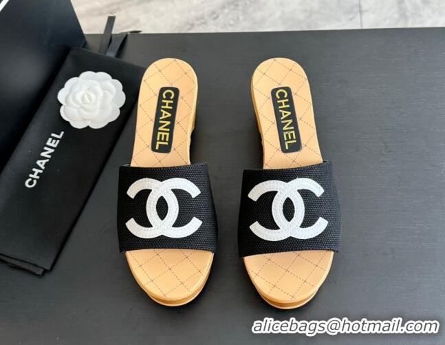 Low Price Chanel Wedge Fabric Slide Sandal 10cm G45555 Black 424133