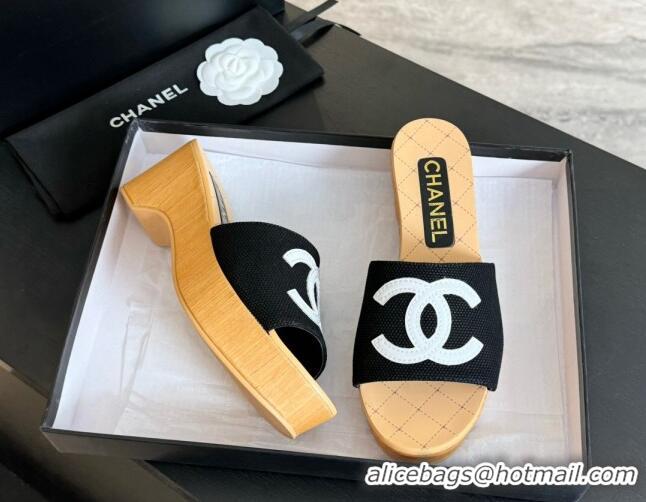 Low Price Chanel Wedge Fabric Slide Sandal 10cm G45555 Black 424133