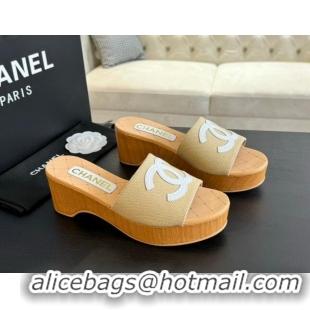 Popular Style Chanel Wedge Fabric Slide Sandal 10cm G45555 Beige 424135