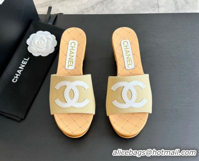 Popular Style Chanel Wedge Fabric Slide Sandal 10cm G45555 Beige 424135