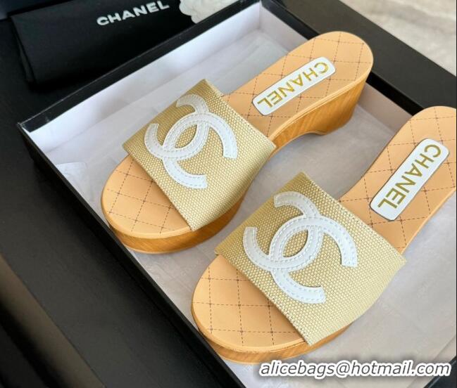 Popular Style Chanel Wedge Fabric Slide Sandal 10cm G45555 Beige 424135