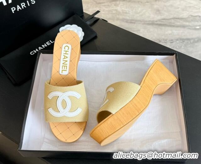 Popular Style Chanel Wedge Fabric Slide Sandal 10cm G45555 Beige 424135