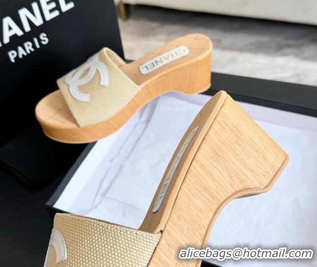 Popular Style Chanel Wedge Fabric Slide Sandal 10cm G45555 Beige 424135