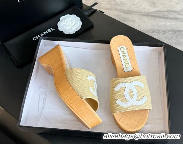 Popular Style Chanel Wedge Fabric Slide Sandal 10cm G45555 Beige 424135