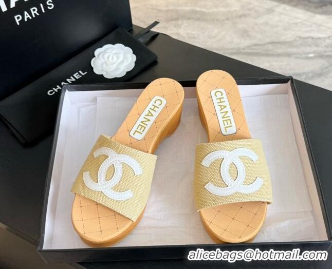 Popular Style Chanel Wedge Fabric Slide Sandal 10cm G45555 Beige 424135