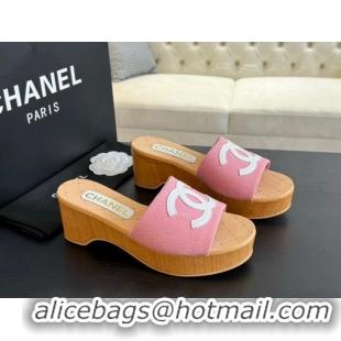 Good Quality Chanel Wedge Fabric Slide Sandal 10cm G45555 Pink 424136