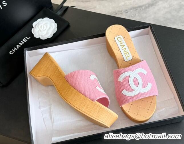 Good Quality Chanel Wedge Fabric Slide Sandal 10cm G45555 Pink 424136