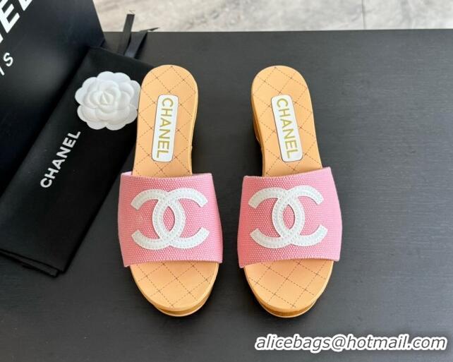 Good Quality Chanel Wedge Fabric Slide Sandal 10cm G45555 Pink 424136