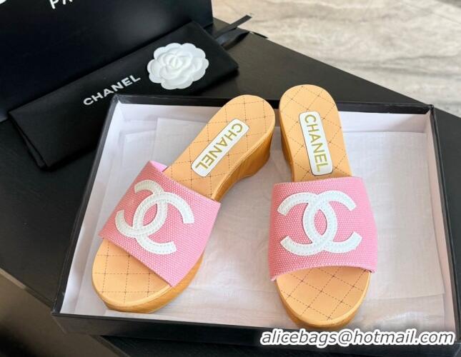 Good Quality Chanel Wedge Fabric Slide Sandal 10cm G45555 Pink 424136