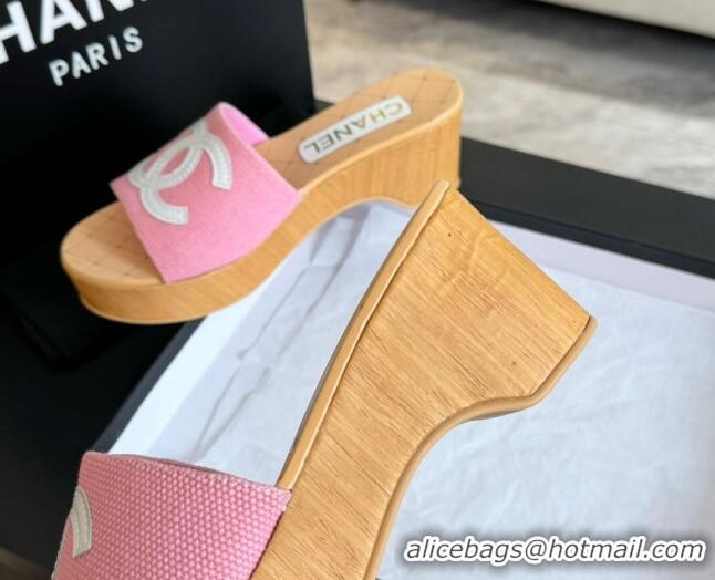 Good Quality Chanel Wedge Fabric Slide Sandal 10cm G45555 Pink 424136