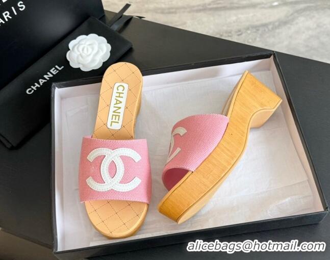 Good Quality Chanel Wedge Fabric Slide Sandal 10cm G45555 Pink 424136