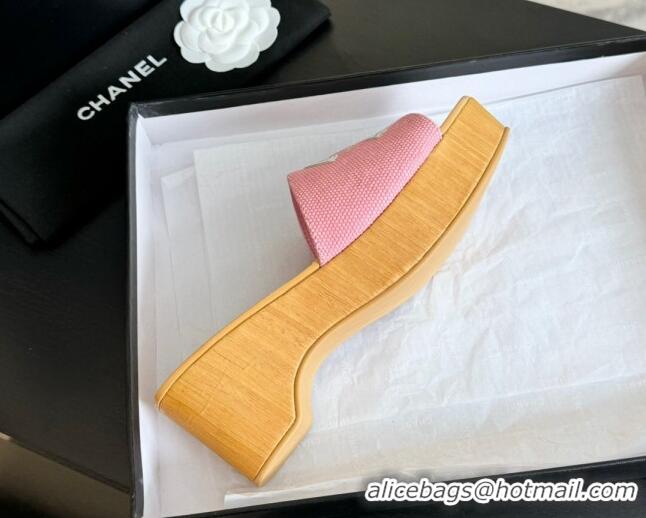 Good Quality Chanel Wedge Fabric Slide Sandal 10cm G45555 Pink 424136