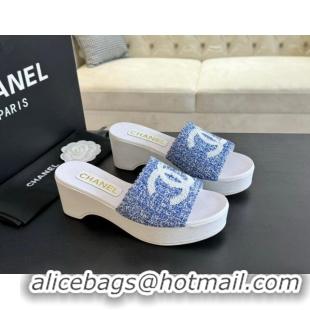 Pretty Style Chanel Tweed Wedge Slide Sandal 10cm Blue 424137