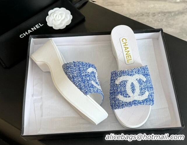 Pretty Style Chanel Tweed Wedge Slide Sandal 10cm Blue 424137