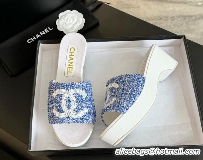 Pretty Style Chanel Tweed Wedge Slide Sandal 10cm Blue 424137