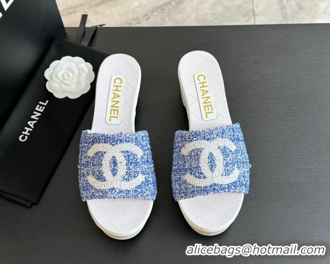 Pretty Style Chanel Tweed Wedge Slide Sandal 10cm Blue 424137