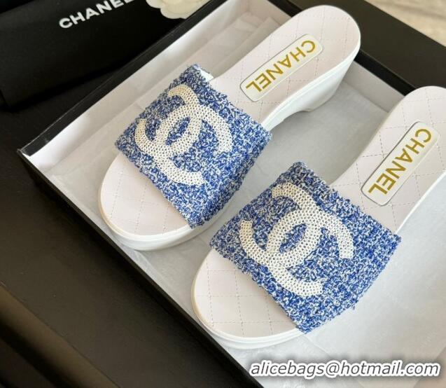 Pretty Style Chanel Tweed Wedge Slide Sandal 10cm Blue 424137