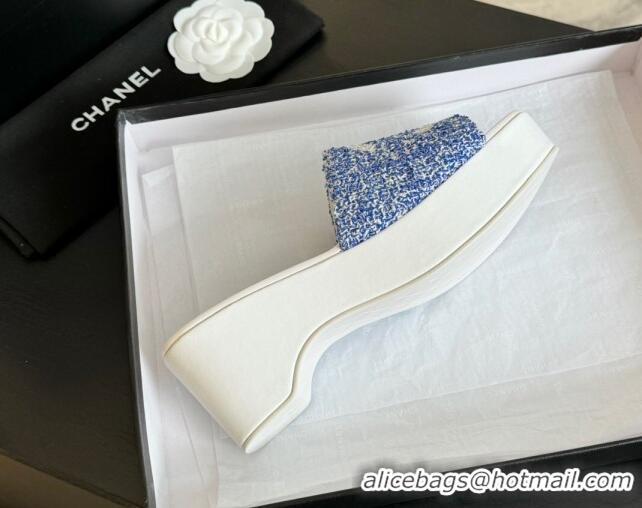 Pretty Style Chanel Tweed Wedge Slide Sandal 10cm Blue 424137