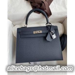 Luxurious Hermes Kelly 25/28cm Bag in Original Epsom Leather K2528 Deep Blue/Silver 2024 (Half Handmade)